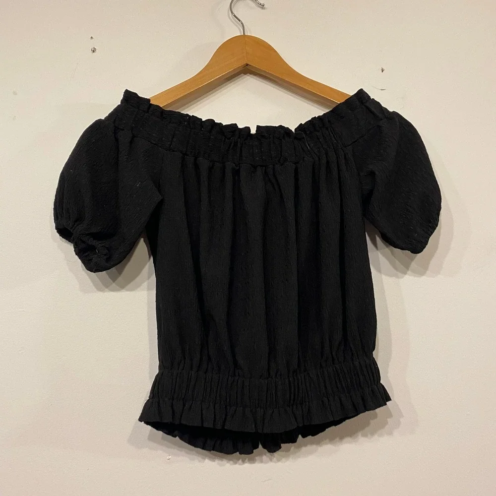 LOFT Black Off The Shoulder Smocked Puff Sleeve Blouse XXS Romantic Boho